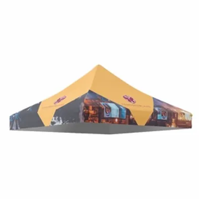 This is a custom-printed canopy tent with a yellow top; the sides display vibrant graphics and logos, likely for promotional use at events or trade shows.