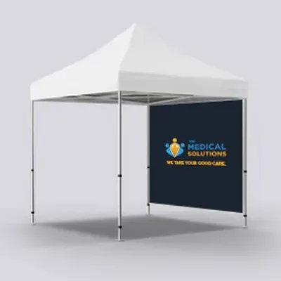 A white canopy tent with a sign stating 'MEDICAL SOLUTIONS - WE TAKE YOUR GOOD CARE' displayed within a neutral background.