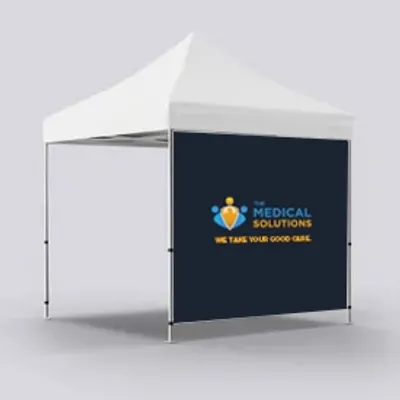 A white promotional canopy tent with branding for 'MEDICAL SOLUTIONS - WE TAKE YOUR GOOD CARE' on a plain background.