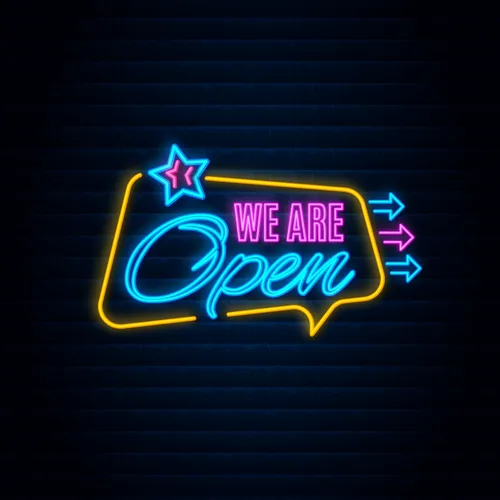 We are Open This Way Neon Sign - Custom Patch Factory
