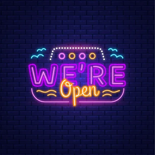 We're Open with Wave Lines Neon Sign - Custom Patch Factory