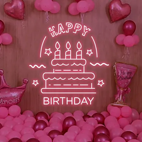 Big Happy Birthday Text with Cake Neon Sign - Custom Patch Factory