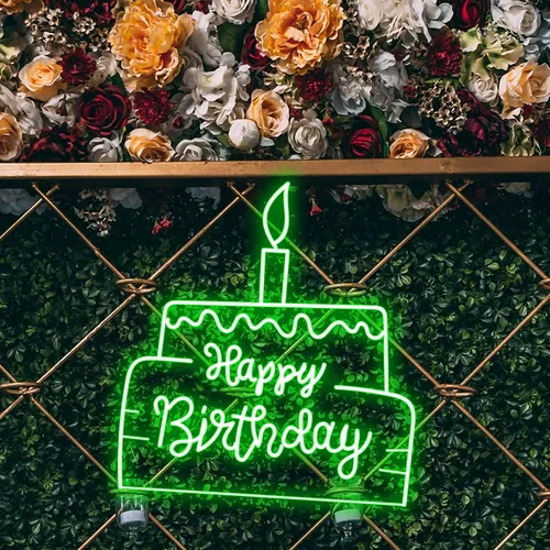 Happy Birthday Text in Big Cake Neon Sign - Custom Patch Factory