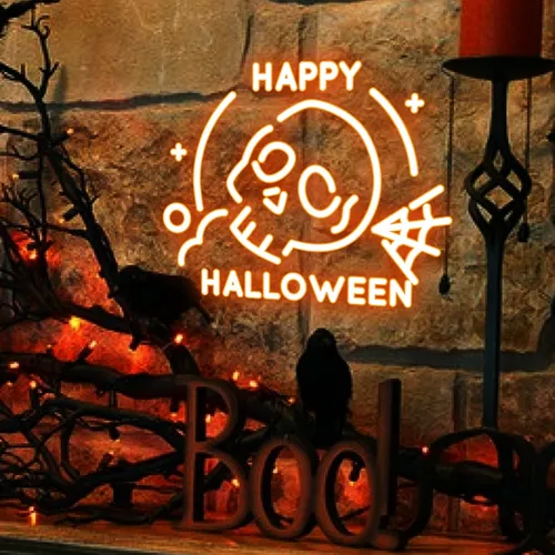 Happy Halloween Skull Neon Sign - Custom Patch Factory