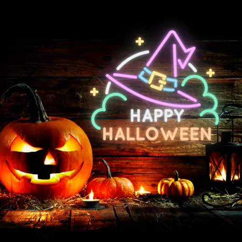 Happy Halloween Hat Neon Sign - Custom Patch Factory