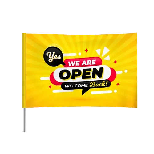 A vibrant trade show display banner with the message 'Yes WE ARE OPEN Welcome Back!' on a yellow, sunray background to attract attention and welcome visitors.