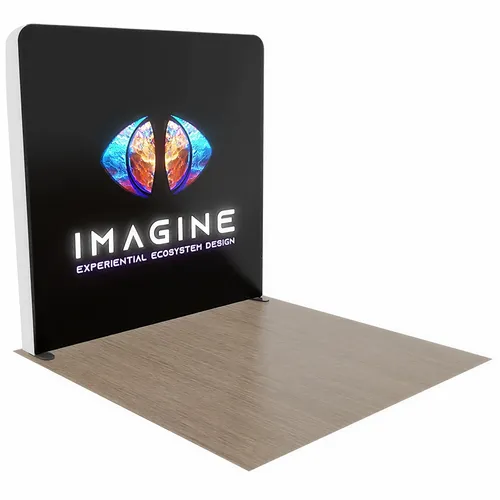 A trade show display with the text 'IMAGINE EXPERIENTIAL ECOSYSTEM DESIGN' and a colorful logo stands against a neutral background.