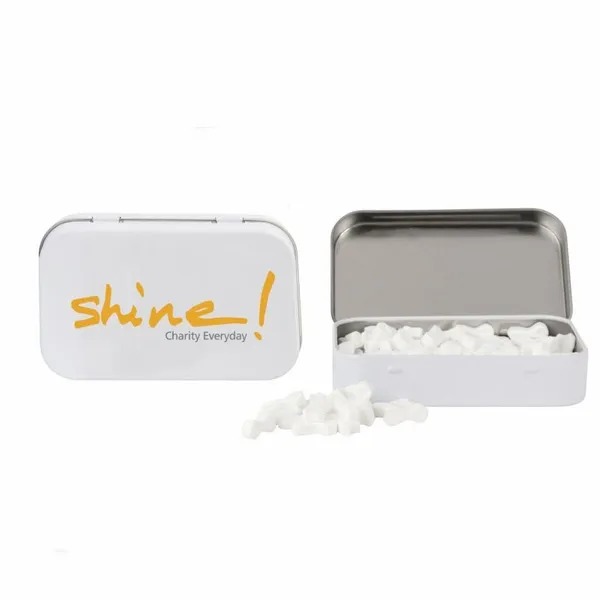 Rectangular Tin with Ribbon Shaped Mints - Custom Patch Factory