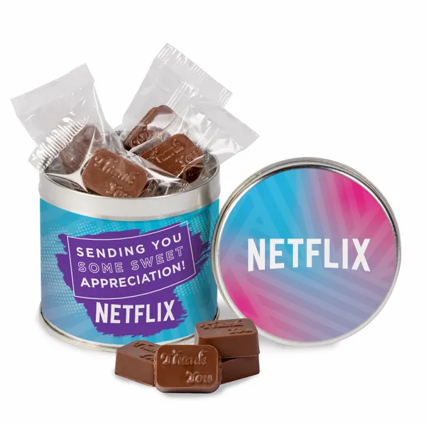 Round Tin with Molded Chocolates - Custom Patch Factory