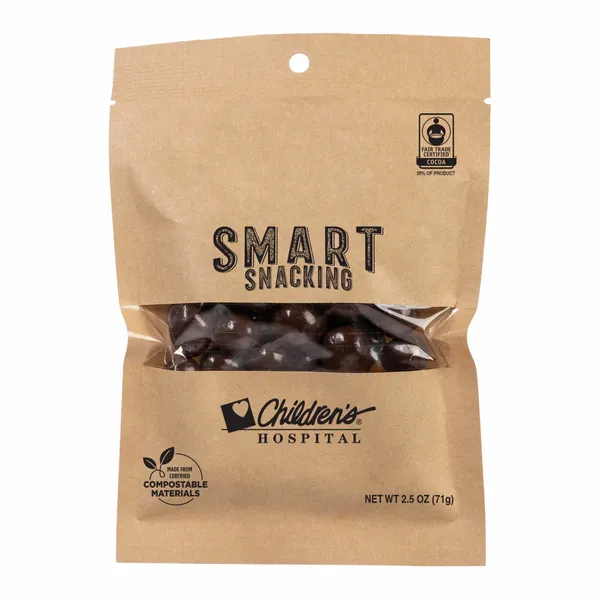 FairTrade Dark Chocolate Almonds in Compostable Kraft Pouch - Custom Patch Factory