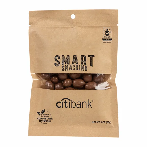 FairTrade Milk Chocolate Raisins in Compostable Kraft Pouch - Custom Patch Factory