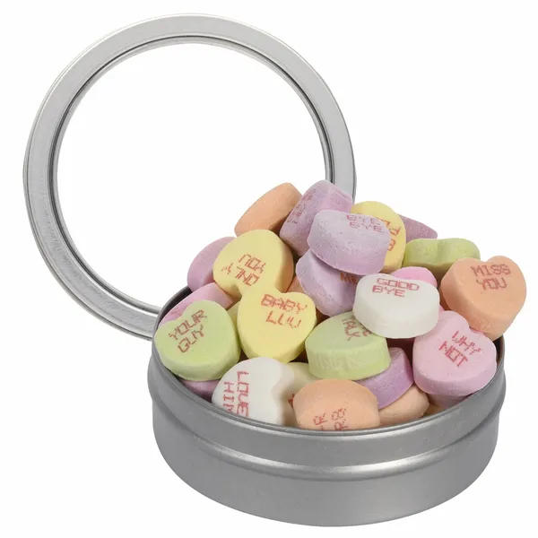 Short Round Tin with Conversation Hearts - Custom Patch Factory